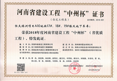 恒大綠洲項目A10地塊17#、18#、19#樓及地下車庫榮獲“2018年度河南省建設(shè)工程中州杯（省優(yōu)質(zhì)工程）”